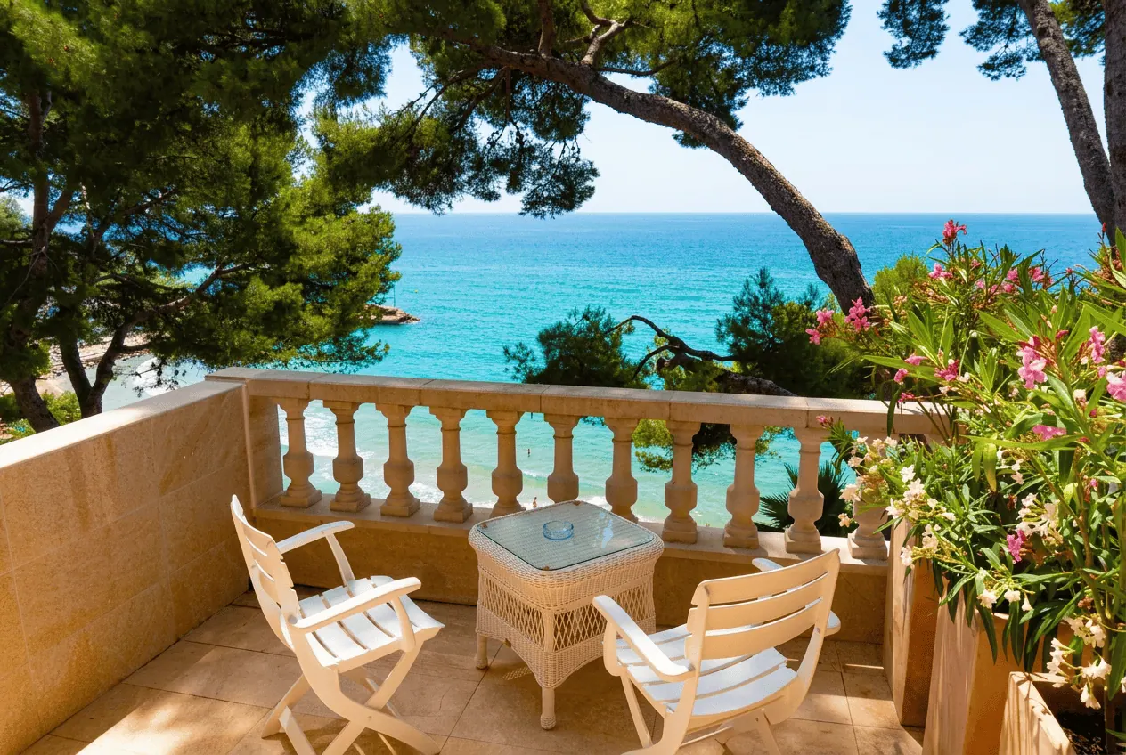 Terraza sobre la cala, entre pinos y buganvillas